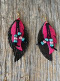 Faux Leather Layered Feather Earrings with Beads & Latigo | Western Boho Dangle