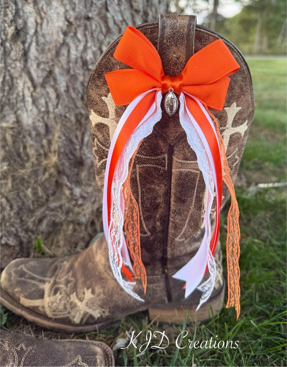 Orange & White Game Day Boot Bows | Football Charm & Lace Detail | Clip-On Cowboy Boot Accessories