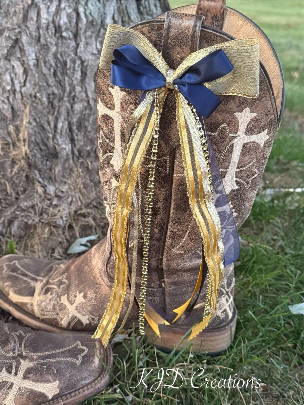 Navy Blue & Gold Boot Bows – Western Wedding & Bridal Cowboy Boot Bling