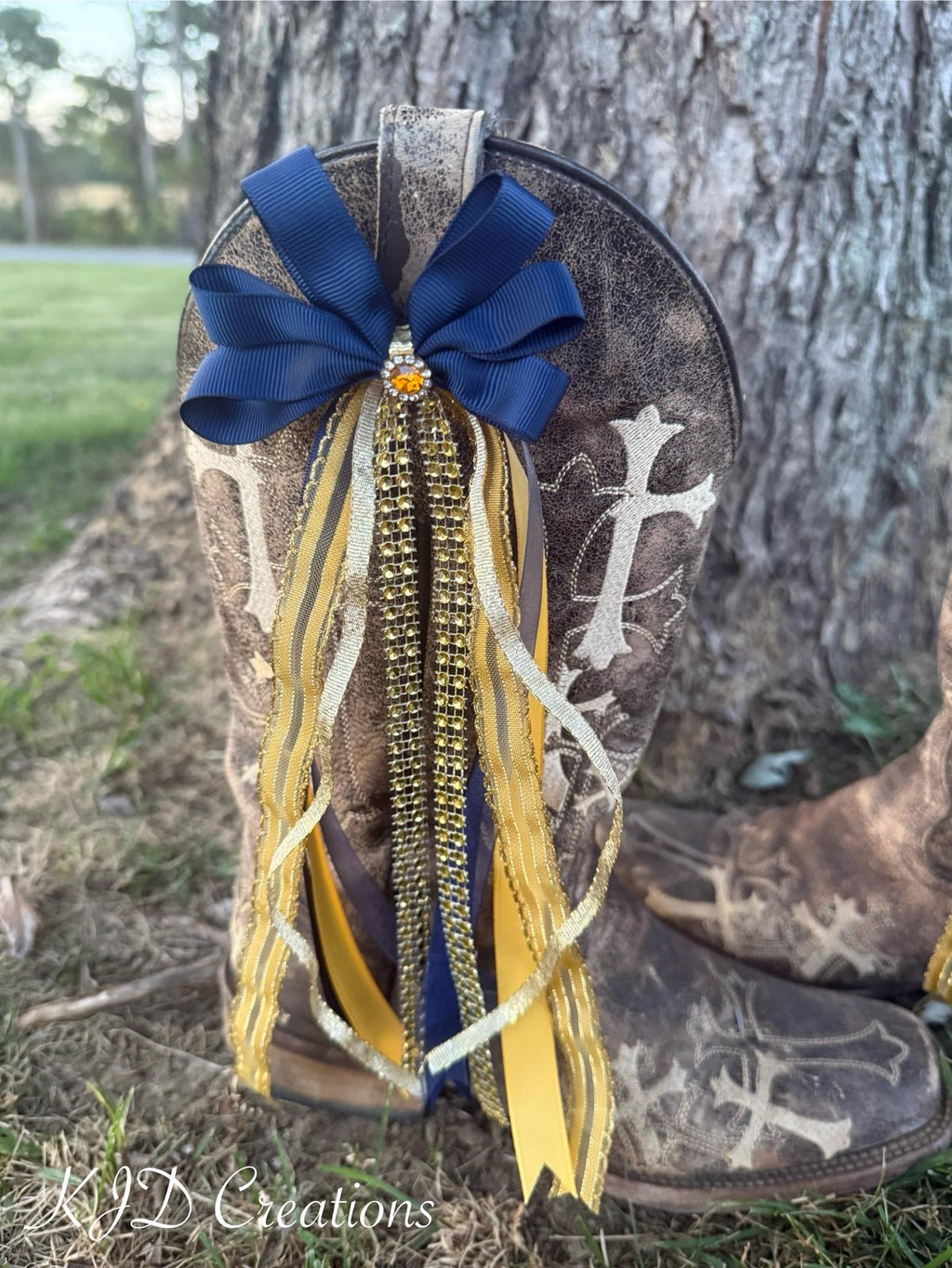 Navy Blue & Gold Boot Bows – Western Wedding & Bridal Cowboy Boot Bling