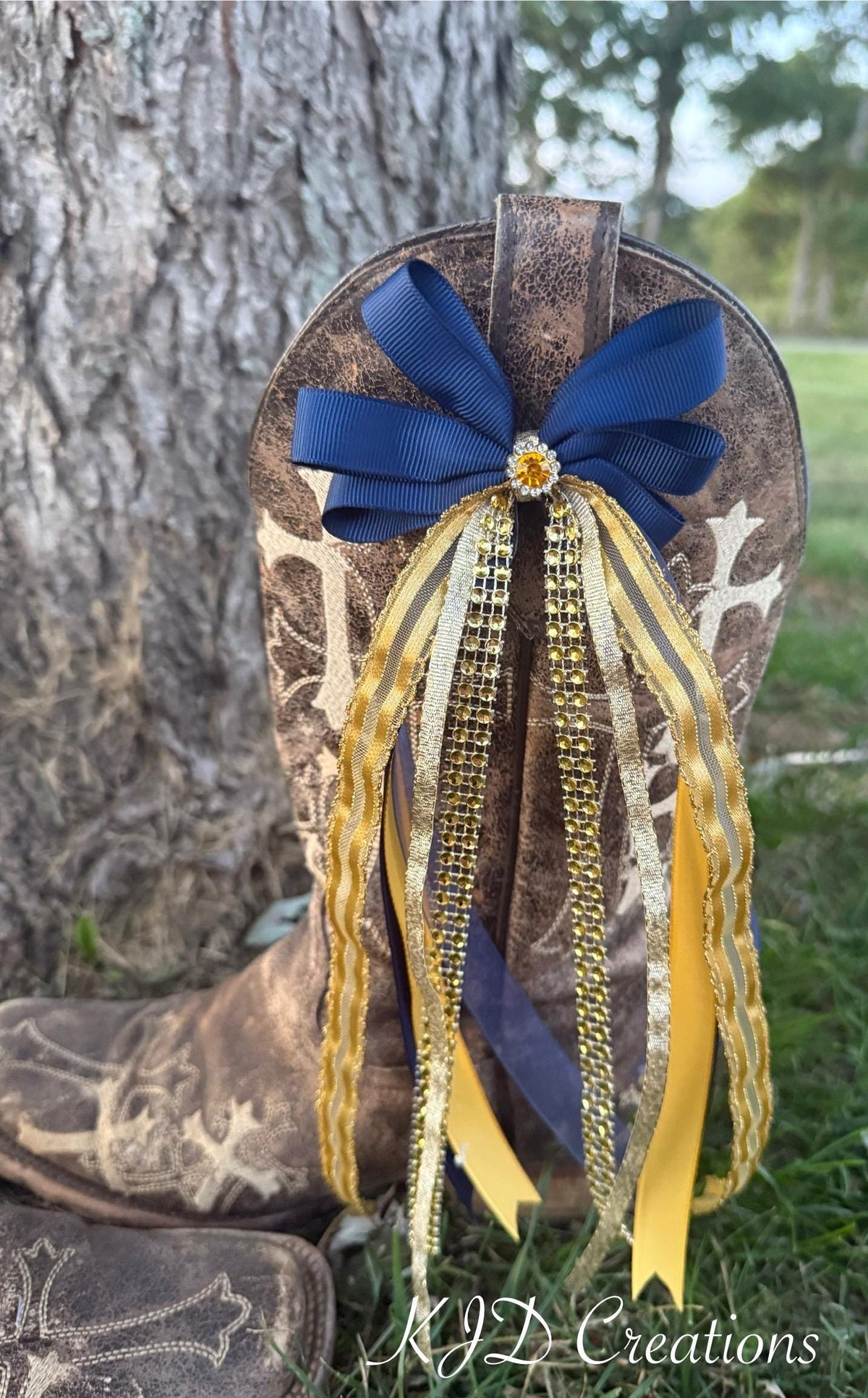 Navy Blue & Gold Boot Bows – Western Wedding & Bridal Cowboy Boot Bling