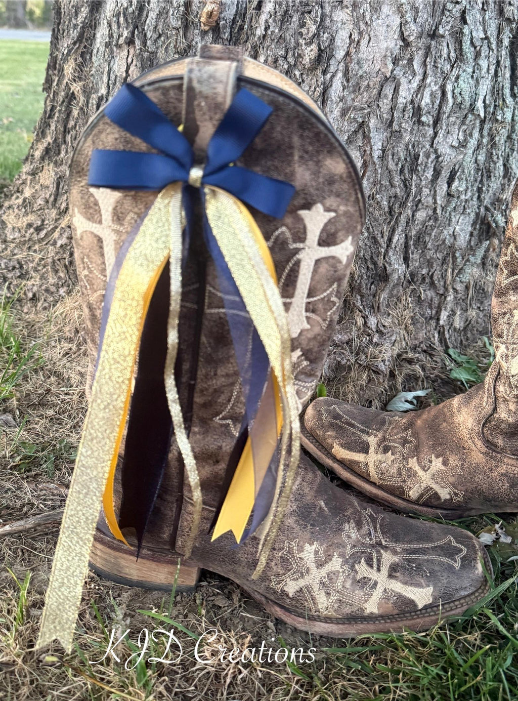 Navy Blue & Gold Boot Bows – Western Wedding & Bridal Cowboy Boot Bling