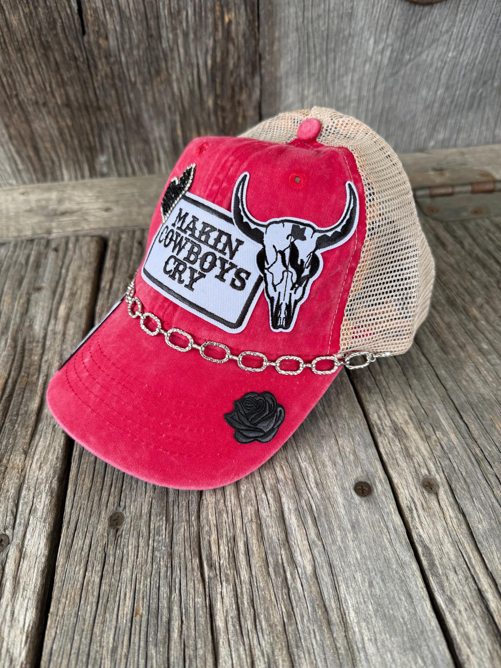 Red Leopard Bill Ponytail Trucker Hat | Silver Chain & Rhinestone Cowgirl Cap