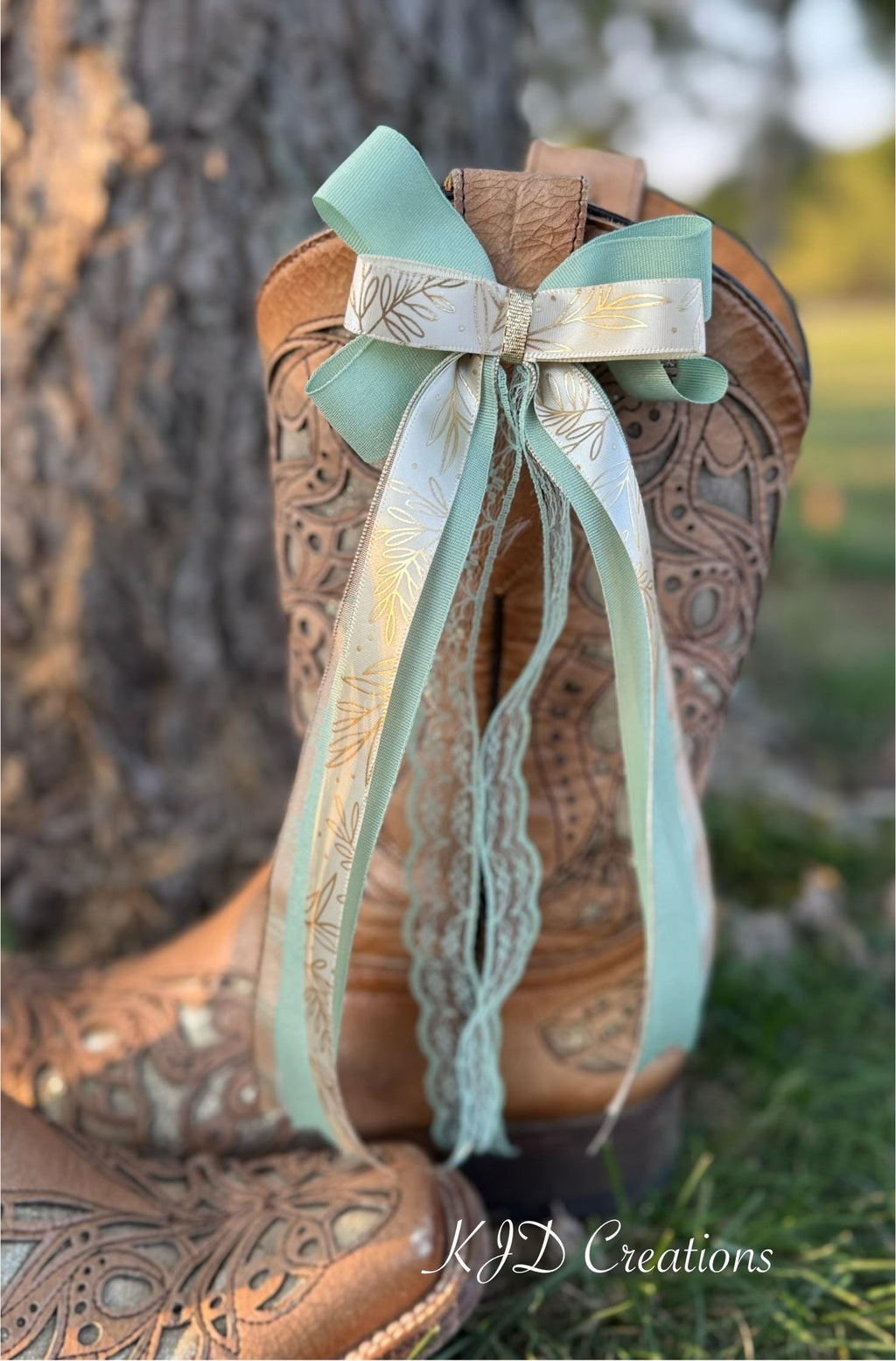 Western Bridal Boot Bows | Mint Green, Gold Leaves & Lace | Clip-On Cowboy Boot Wedding Accessories