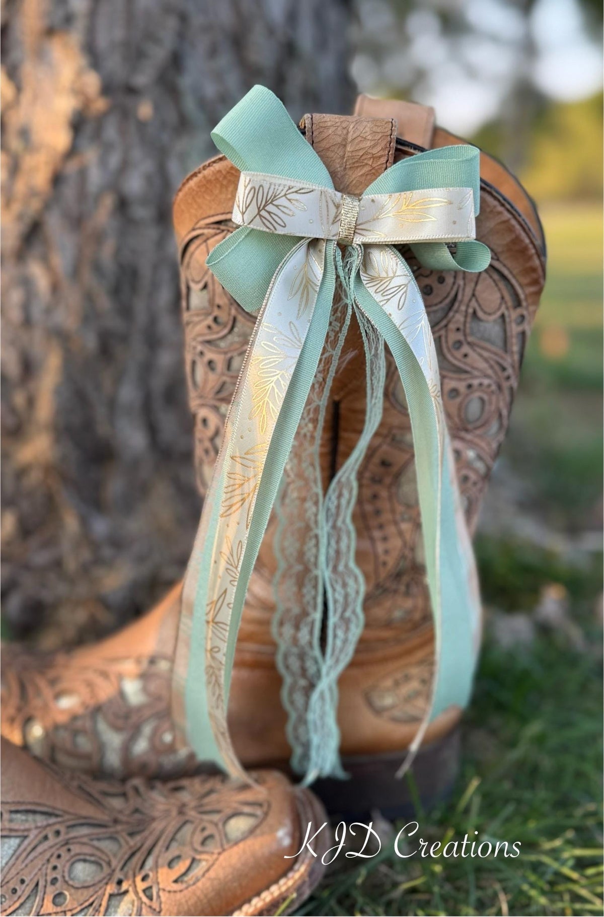 Western Bridal Boot Bows | Mint Green, Gold Leaves & Lace | Clip-On Cowboy Boot Wedding Accessories