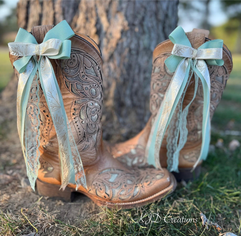 Western Bridal Boot Bows | Mint Green, Gold Leaves & Lace | Clip-On Cowboy Boot Wedding Accessories