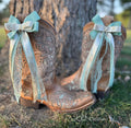 Western Bridal Boot Bows | Mint Green, Gold Leaves & Lace | Clip-On Cowboy Boot Wedding Accessories