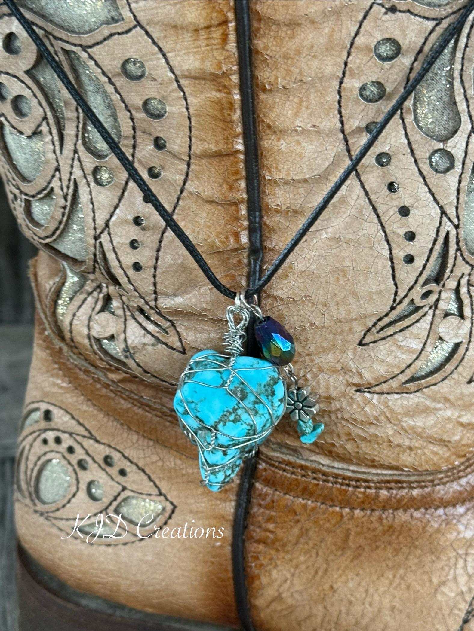 Handmade Turquoise Howlite Stone Wire Wrapped Pendant Necklace | Boho Western Layering Necklace | Black Cord or Silver Chain