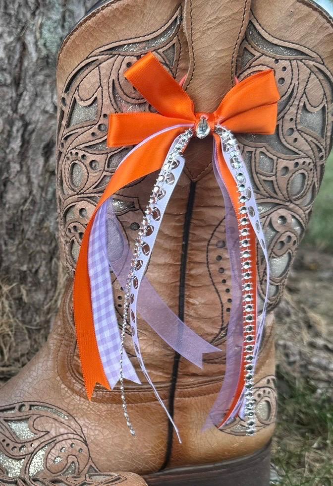 Purple & Orange Game Day Boot Bows | Football Season Cowboy Boot Accessory