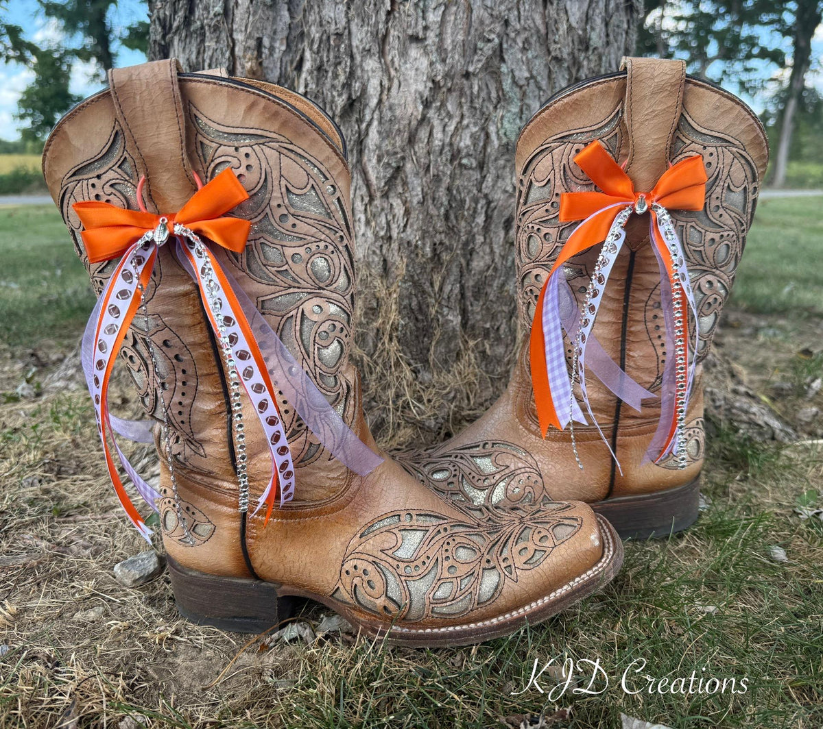 Purple & Orange Game Day Boot Bows | Football Season Cowboy Boot Accessory