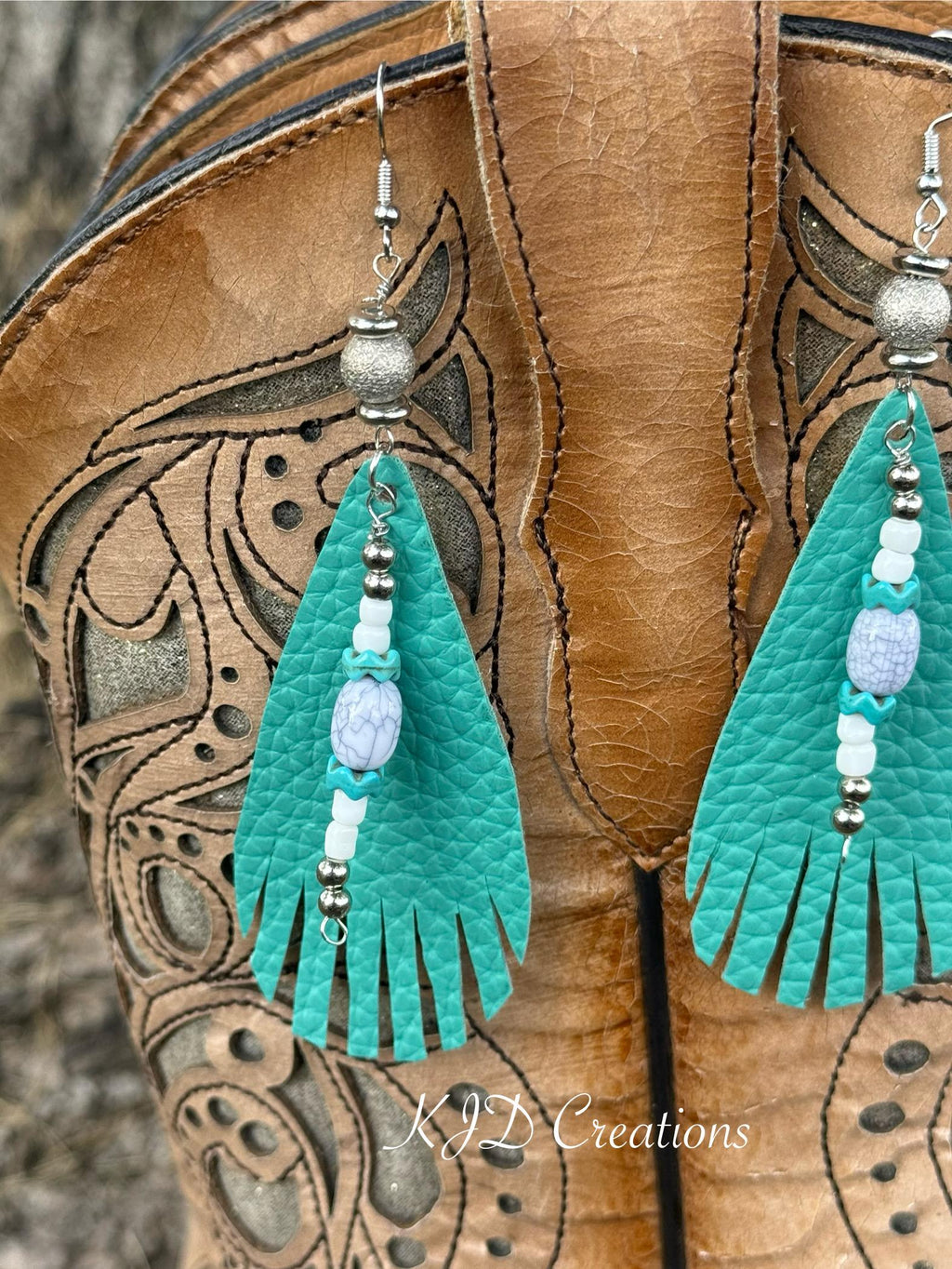 Turquoise Boho Western Fringe Faux Leather Dangle Earrings | Handmade Statement Earrings with Bead Accents