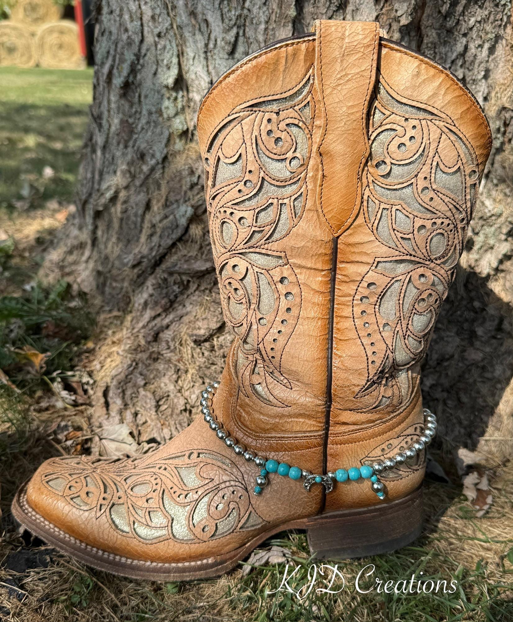 Turquoise & Silver Beaded Cowboy Boot Bracelet | Silver Charms | Boho Western Boot Jewelry | Pair of 2