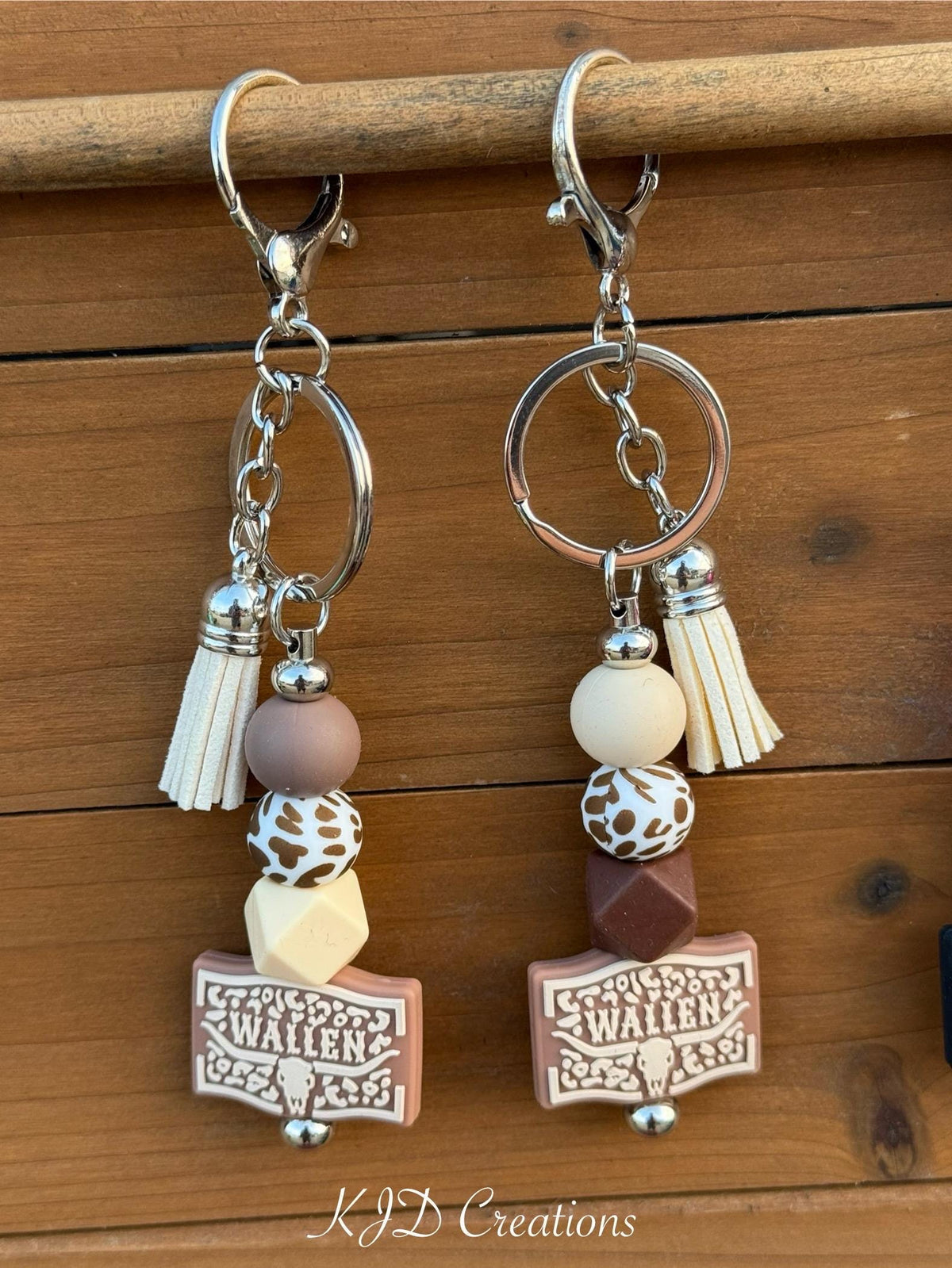 Country Music Silicone Beaded Keychain with Leather Tassel - Pink, Turquoise, Brown & White