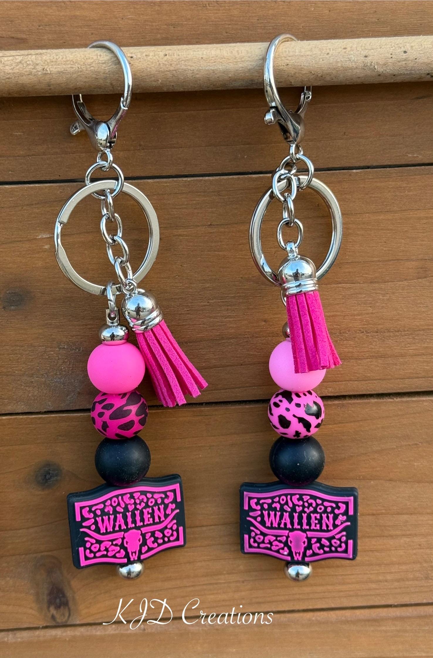Country Music Silicone Beaded Keychain with Leather Tassel - Pink, Turquoise, Brown & White