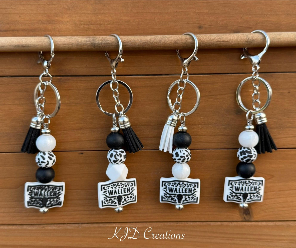 Country Music Silicone Beaded Keychain with Leather Tassel - Pink, Turquoise, Brown & White