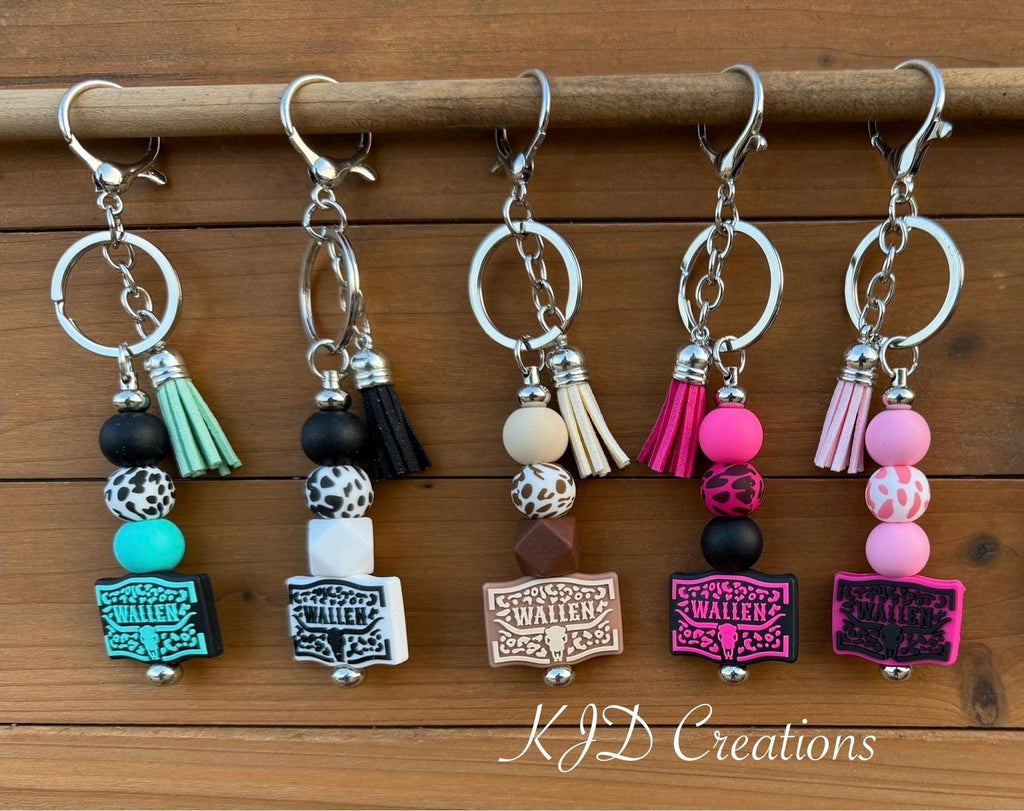Country Music Silicone Beaded Keychain with Leather Tassel - Pink, Turquoise, Brown & White