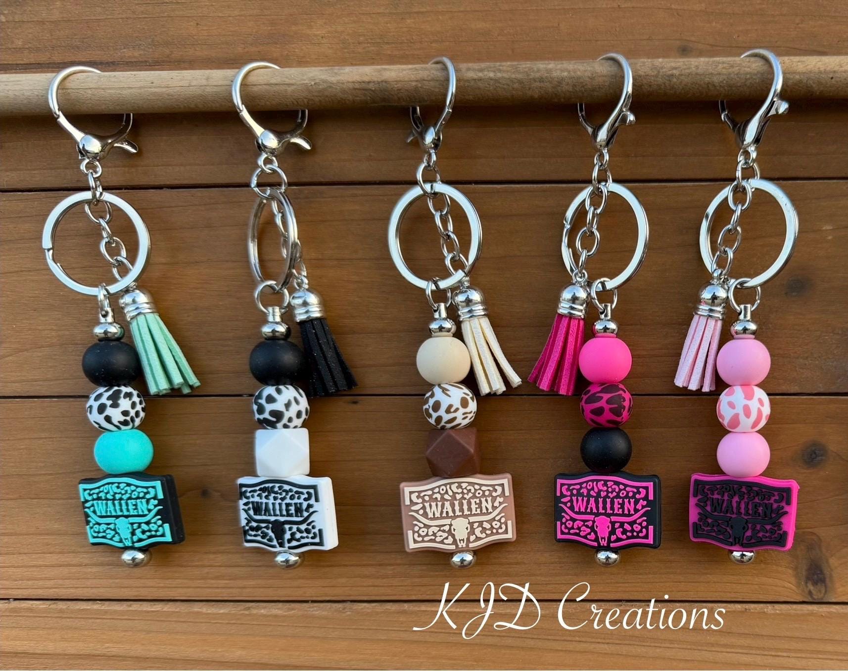 Country Music Silicone Beaded Keychain with Leather Tassel - Pink, Turquoise, Brown & White