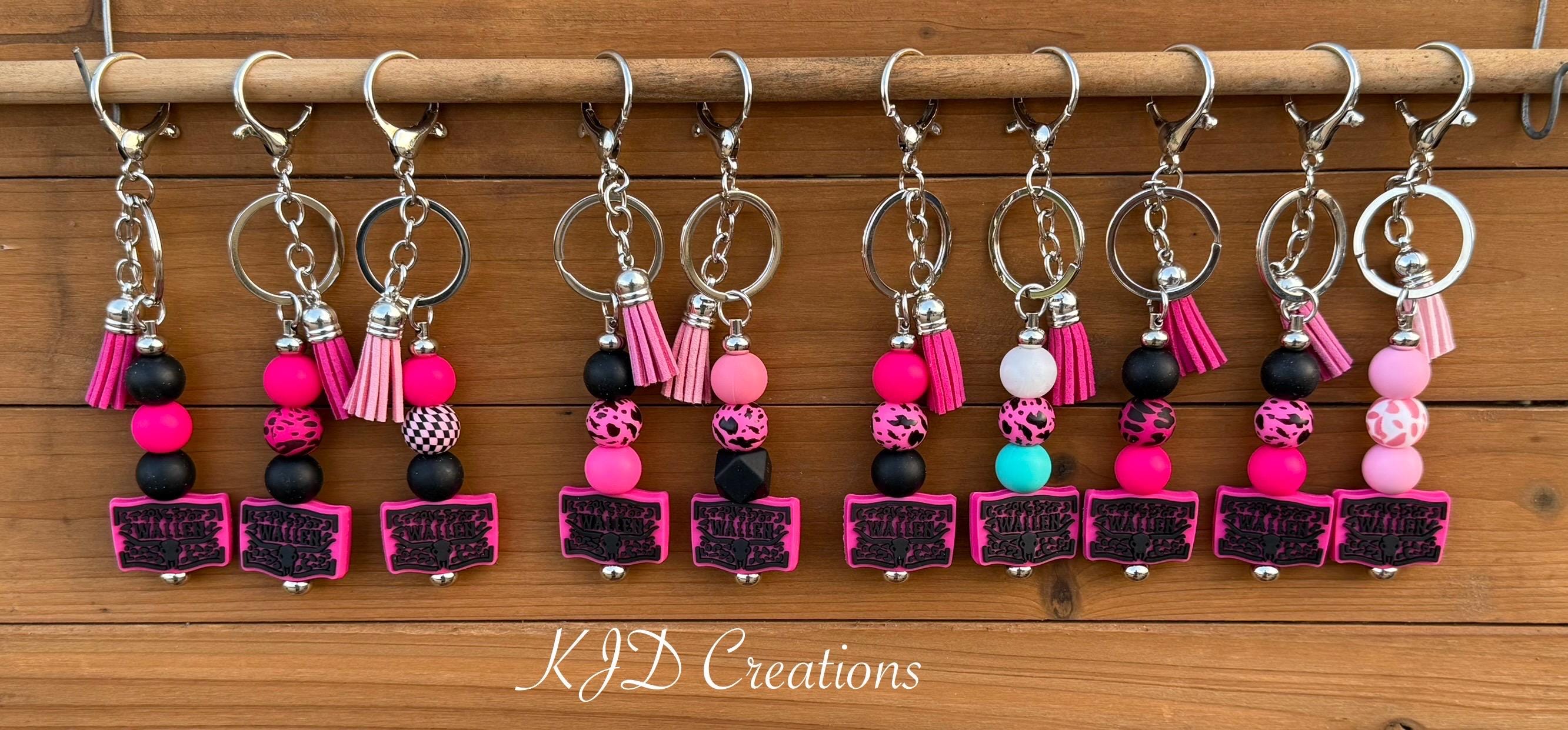 Country Music Silicone Beaded Keychain with Leather Tassel - Pink, Turquoise, Brown & White