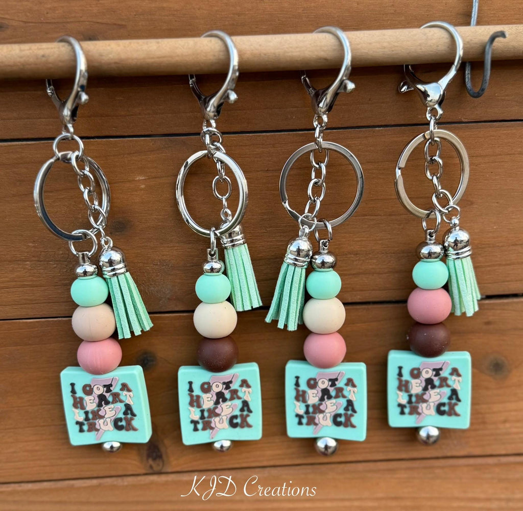 Silicone Beaded Faux Leather Tassel Keychain | Western Country Music Bag Charm | Blue & Green