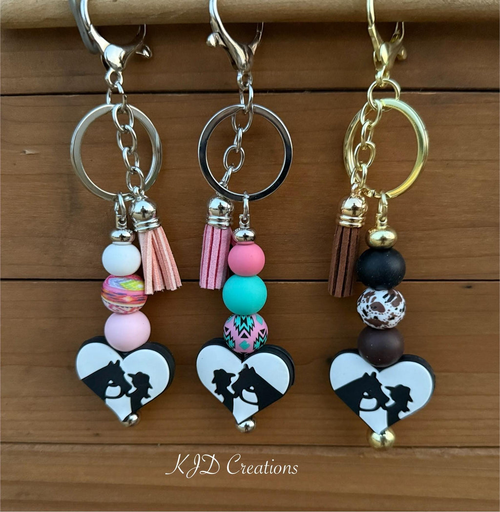 Cowgirl Horse Head Heart Silicone Beaded Keychain with Leather Tassel | Western Equestrian Style