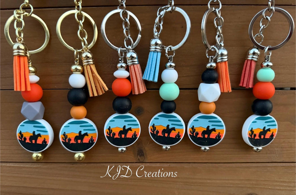 Western Cowboy Horse Desert Sunset Silicone Beaded Keychain with Leather Tassel