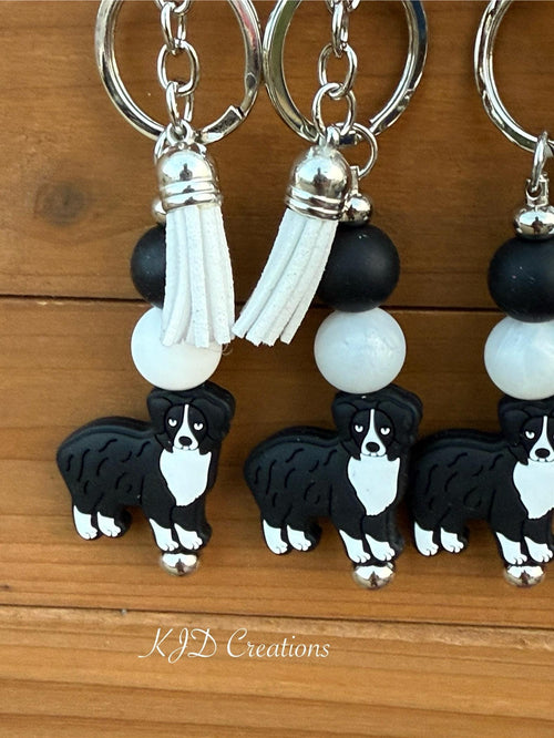 Australian Shepherd Silicone Beaded Keychain with Leather Tassel