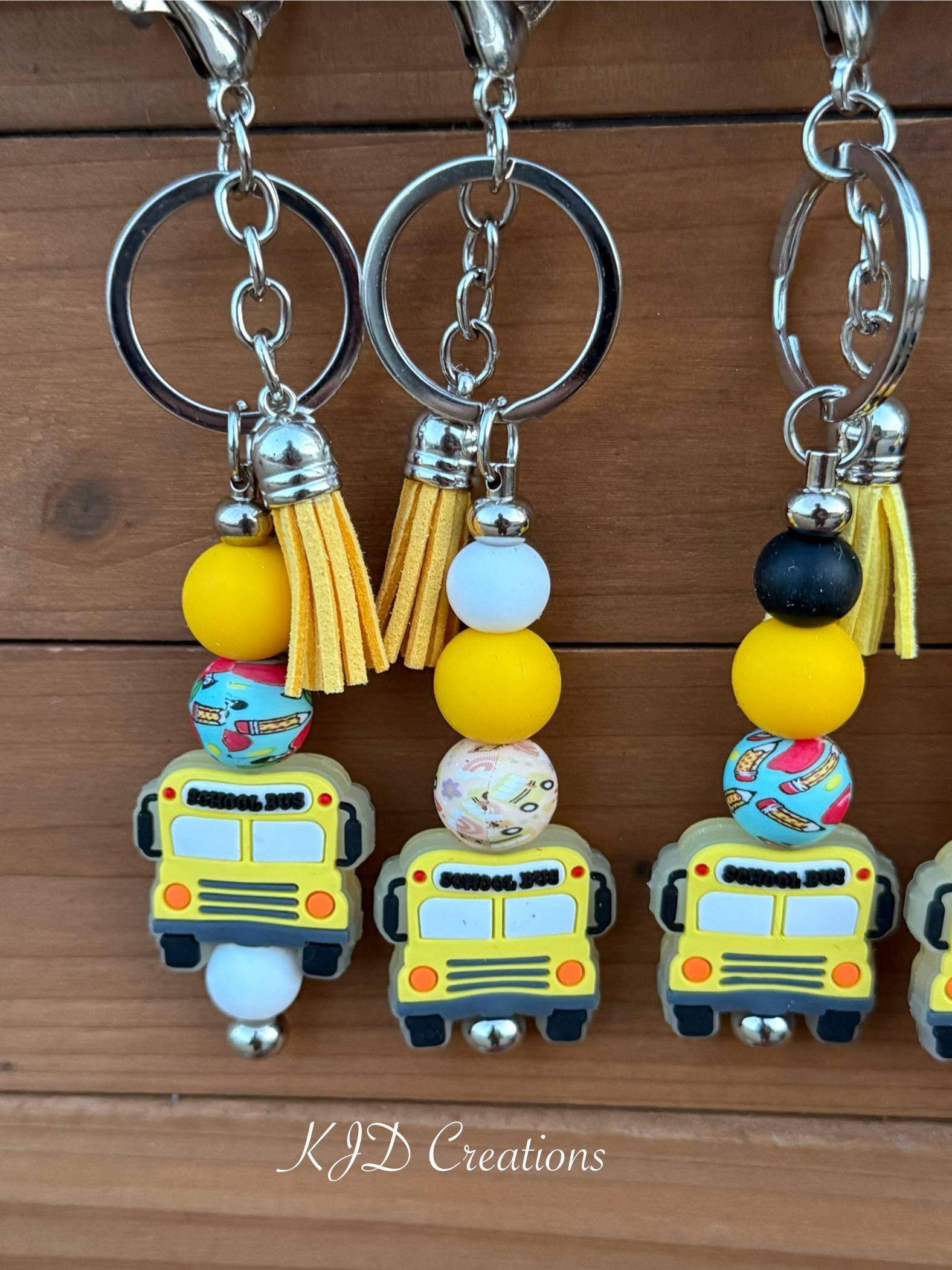 School Bus Driver Silicone Beaded Keychain with Leather Tassel
