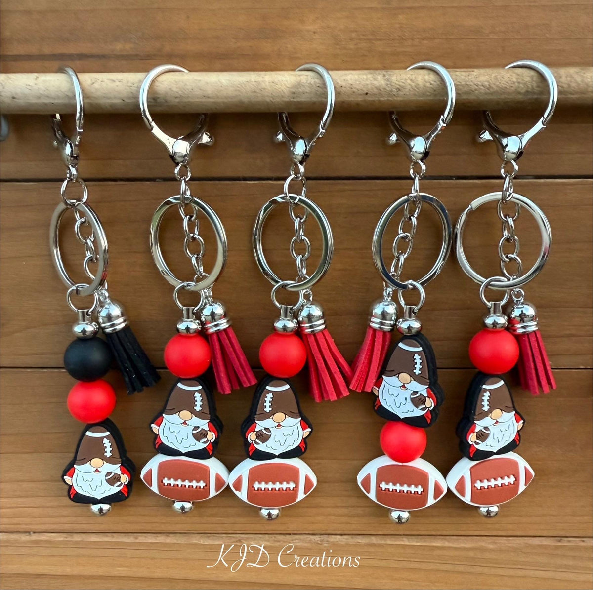 Red & Black Football Gnome Silicone Beaded Faux Leather Tassel Keychain | Game Day Bag Charm