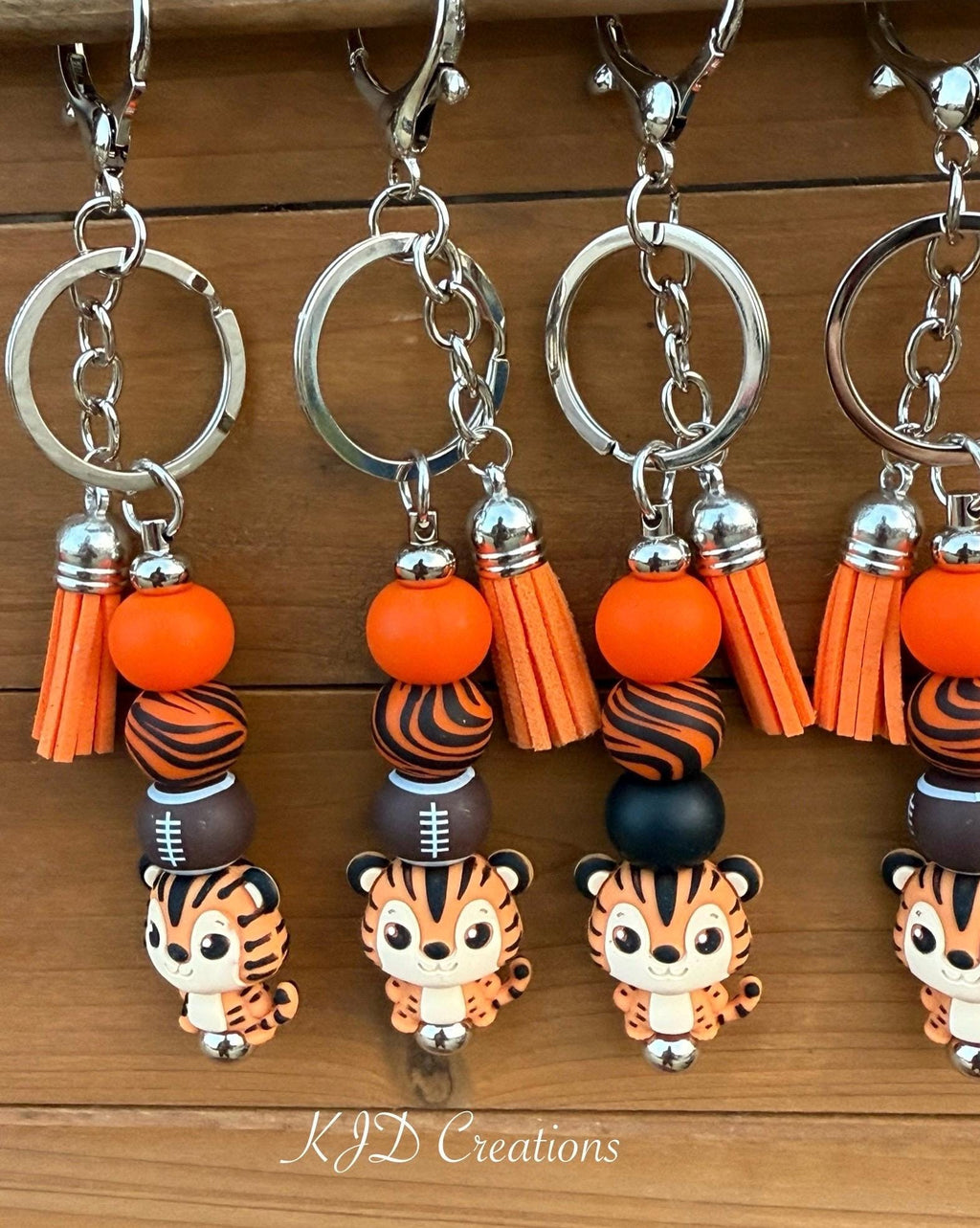 Orange & Black Tiger Football Silicone Beaded Keychain with Leather Tassel