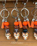 Orange & Black Tiger Football Silicone Beaded Keychain with Leather Tassel