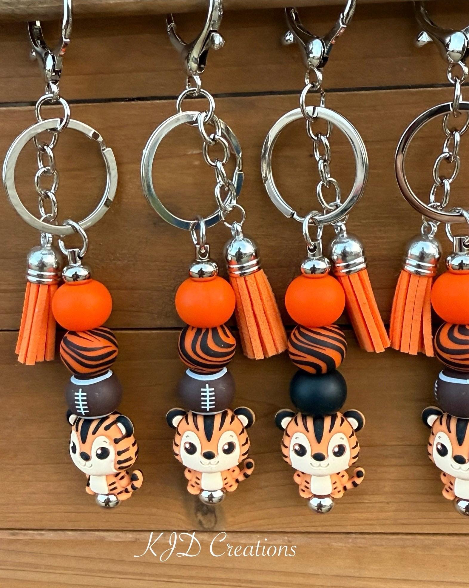 Orange & Black Tiger Football Silicone Beaded Keychain with Leather Tassel
