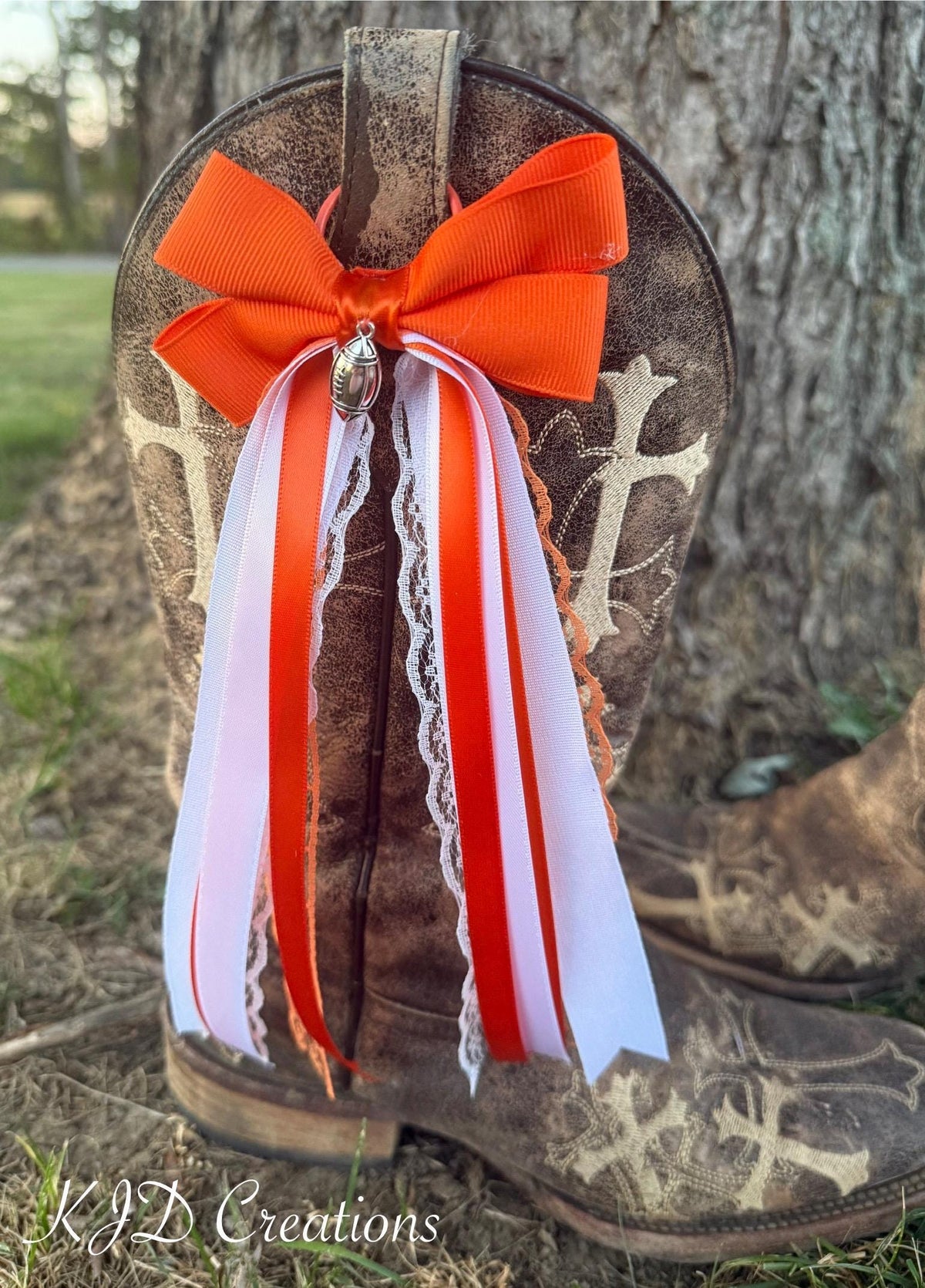 Orange & White Game Day Boot Bows | Football Charm & Lace Detail | Clip-On Cowboy Boot Accessories