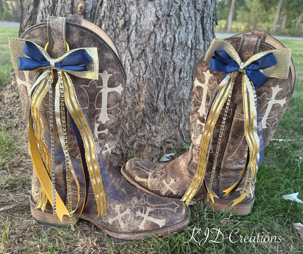 Navy Blue & Gold Boot Bows – Western Wedding & Bridal Cowboy Boot Bling