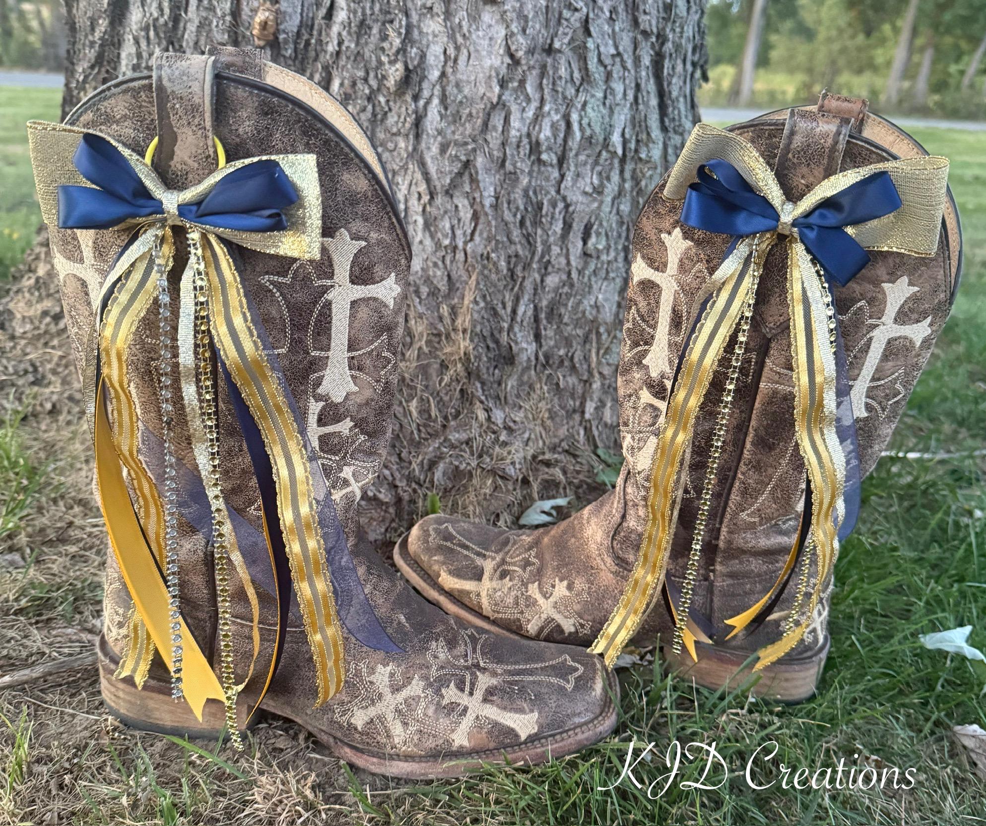 Navy Blue & Gold Boot Bows – Western Wedding & Bridal Cowboy Boot Bling