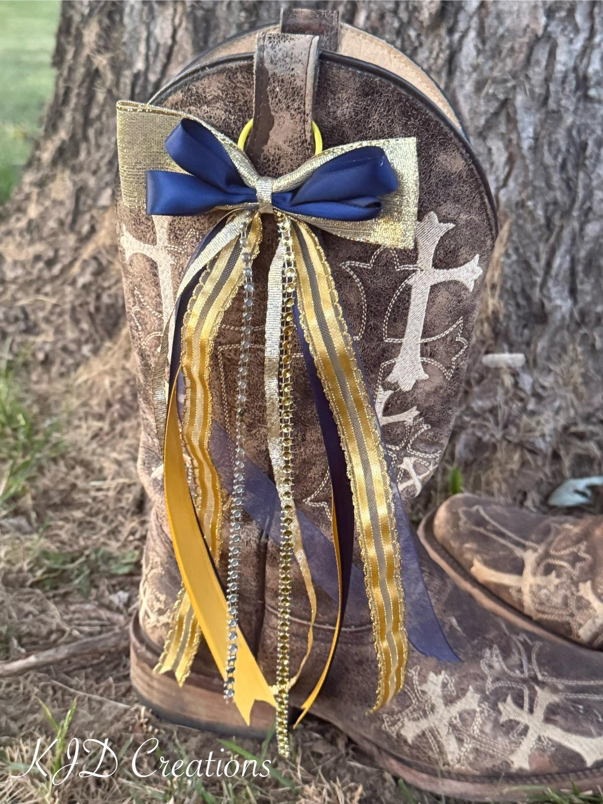 Navy Blue & Gold Boot Bows – Western Wedding & Bridal Cowboy Boot Bling