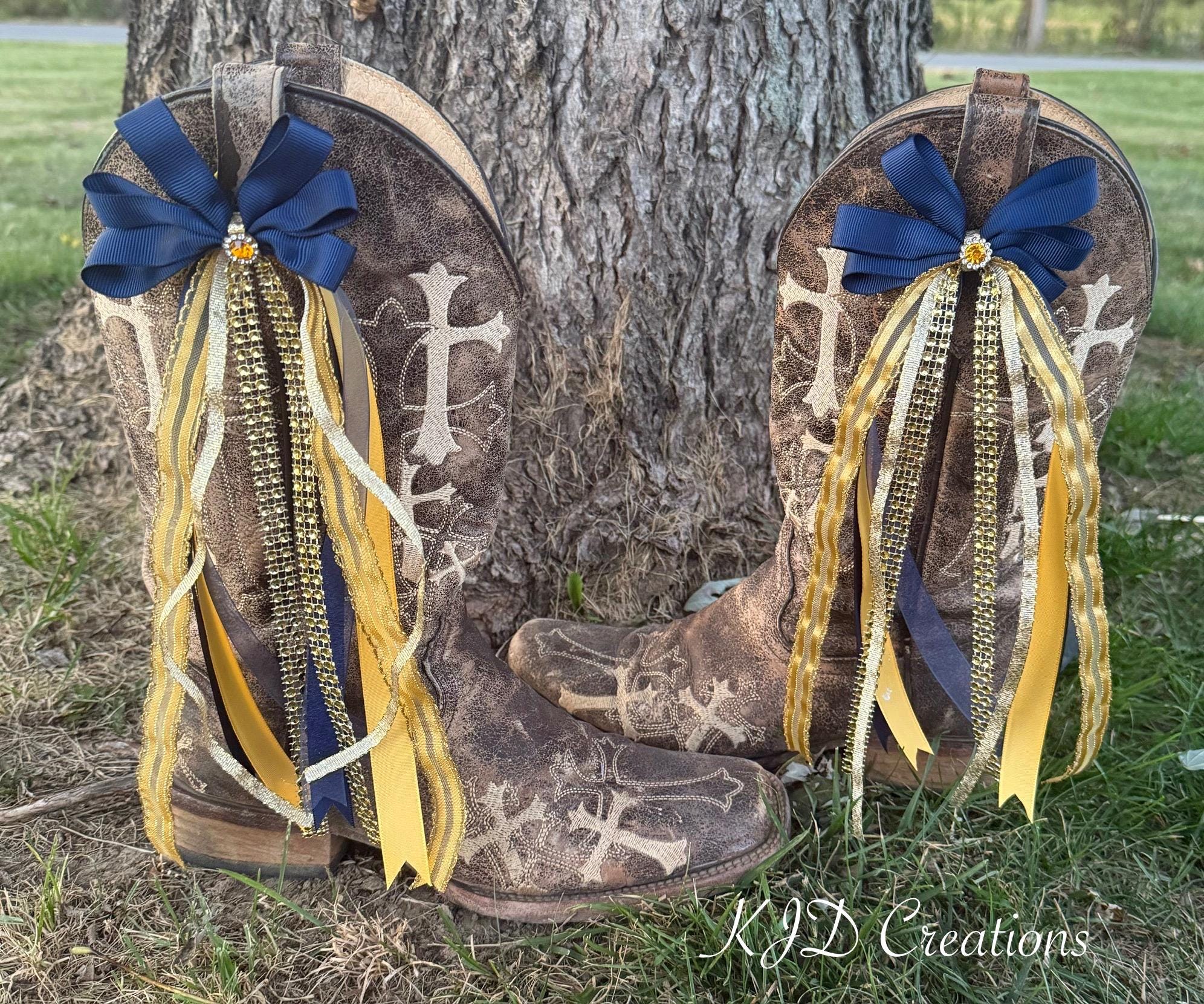 Navy Blue & Gold Boot Bows – Western Wedding & Bridal Cowboy Boot Bling
