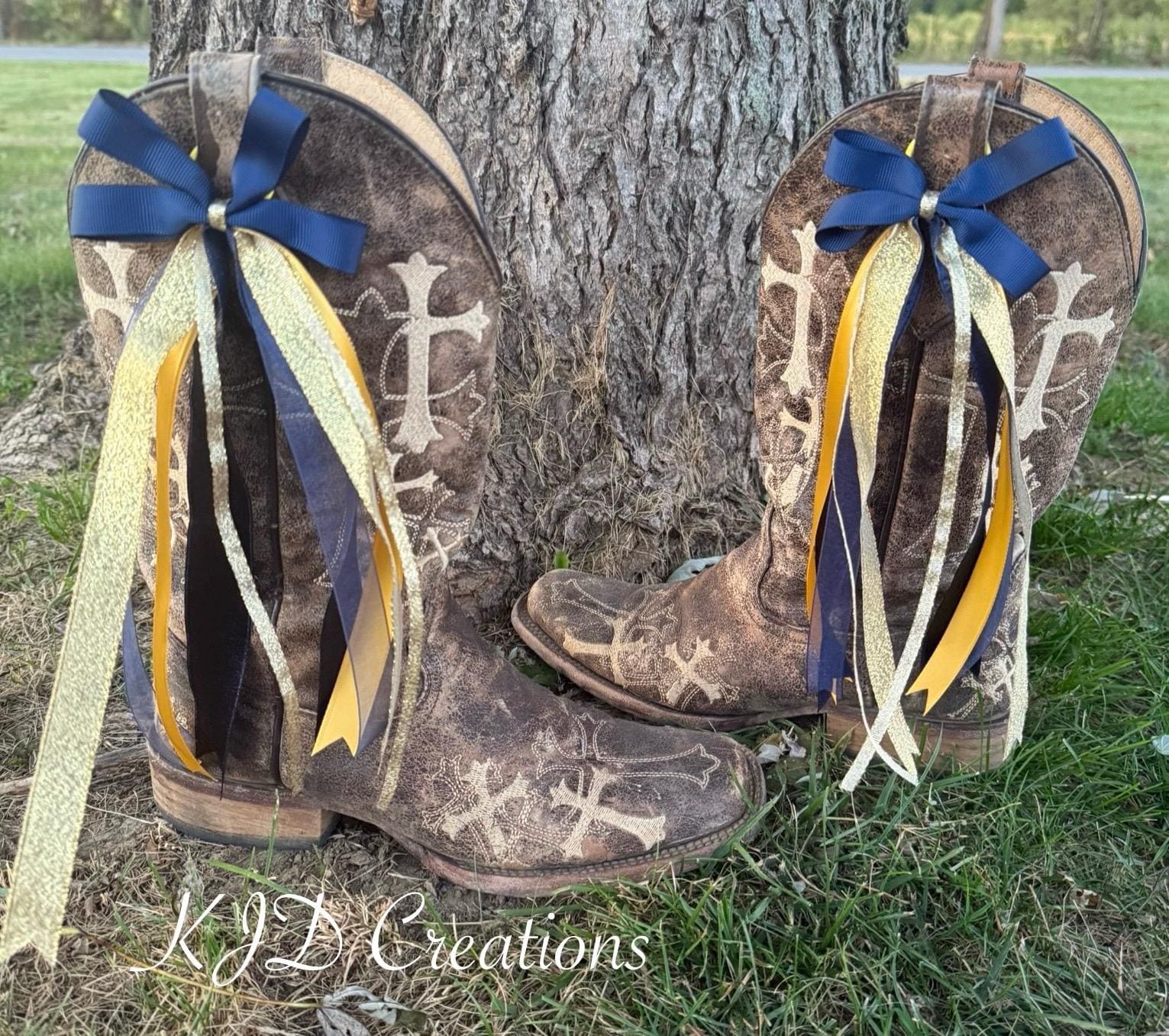 Navy Blue & Gold Boot Bows – Western Wedding & Bridal Cowboy Boot Bling