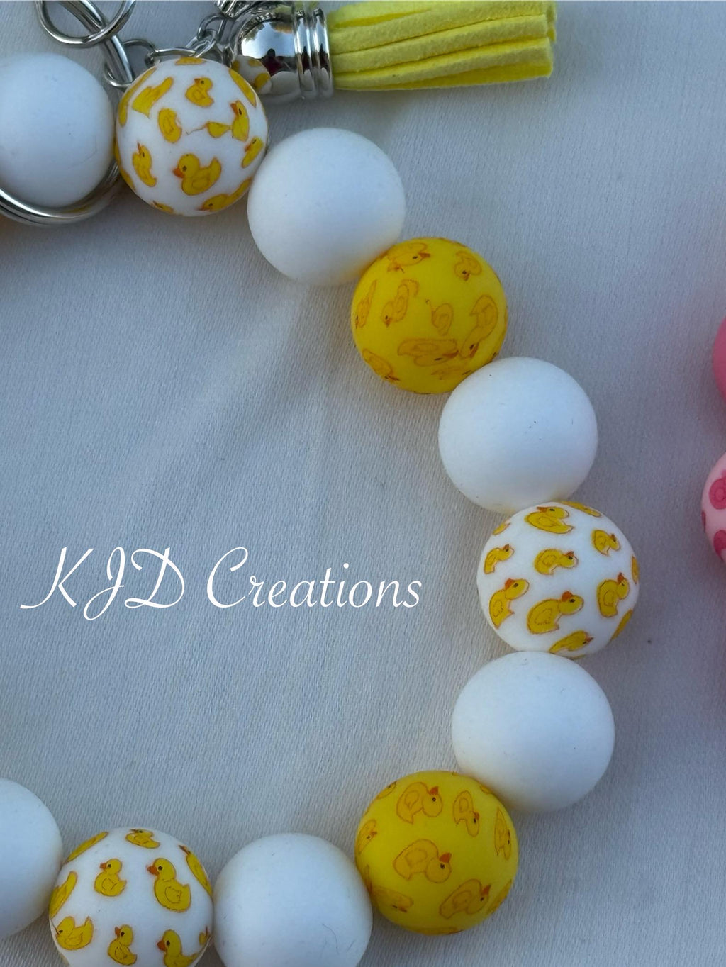 Rubber Duck Silicone Beaded Wristlet Bracelet Keychain with Leather Tassel