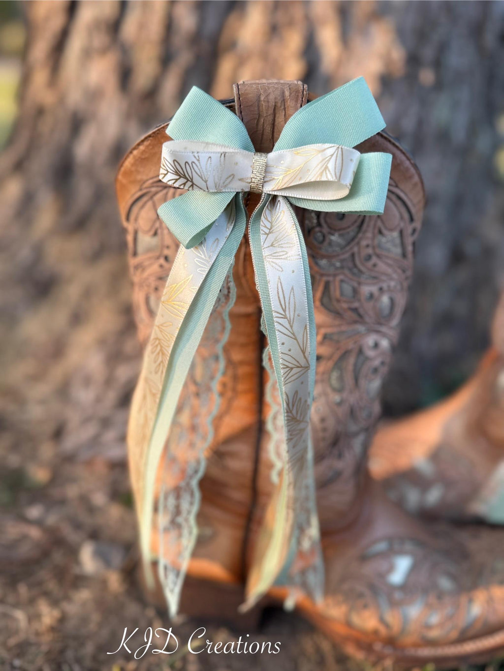 Western Bridal Boot Bows | Mint Green, Gold Leaves & Lace | Clip-On Cowboy Boot Wedding Accessories