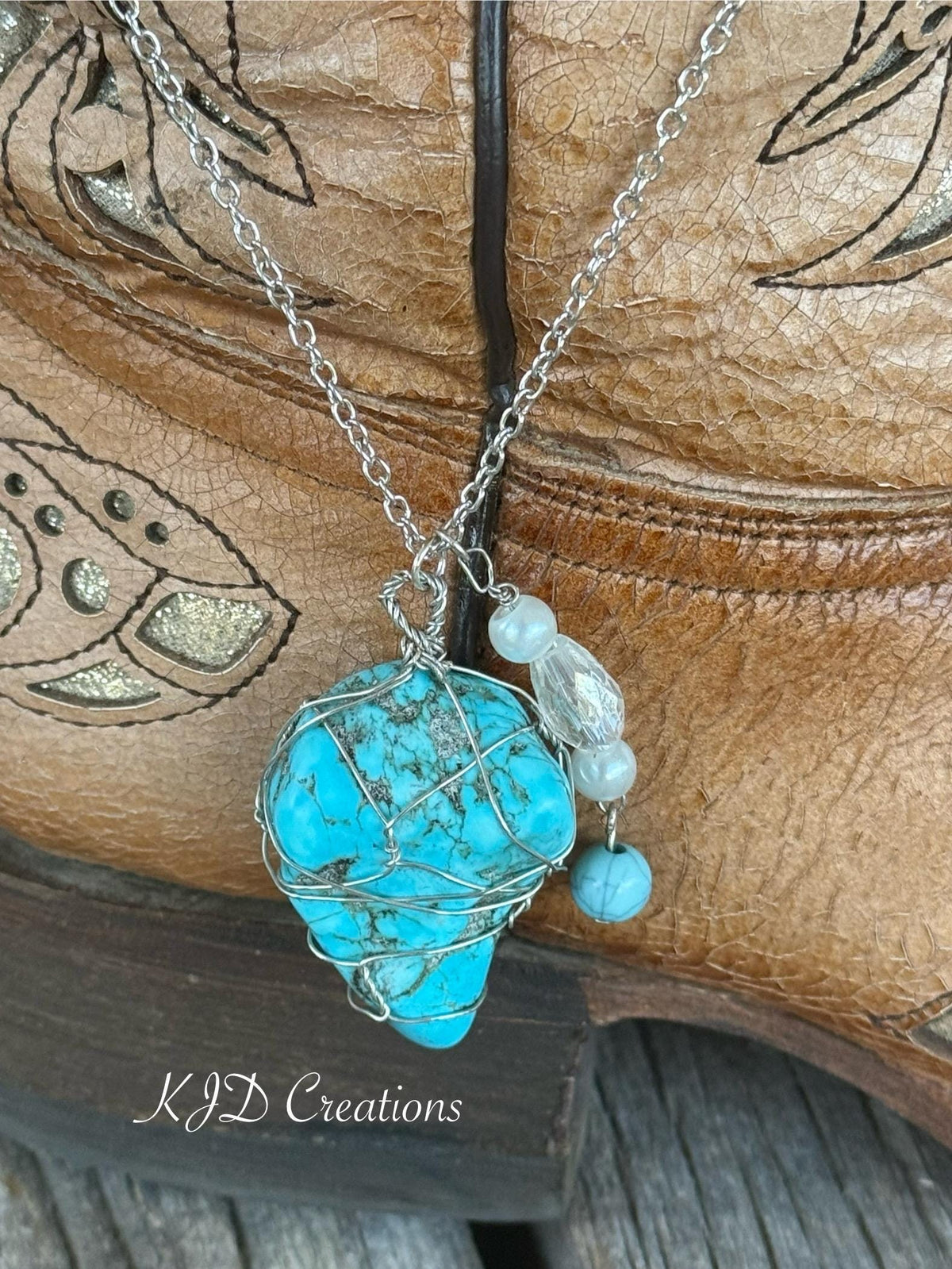 Handmade Turquoise Howlite Stone Wire Wrapped Pendant Necklace | Boho Western Layering Necklace | Black Cord or Silver Chain