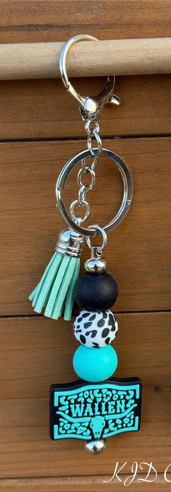 Country Music Silicone Beaded Keychain with Leather Tassel - Pink, Turquoise, Brown & White