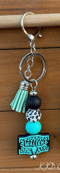 Country Music Silicone Beaded Keychain with Leather Tassel - Pink, Turquoise, Brown & White