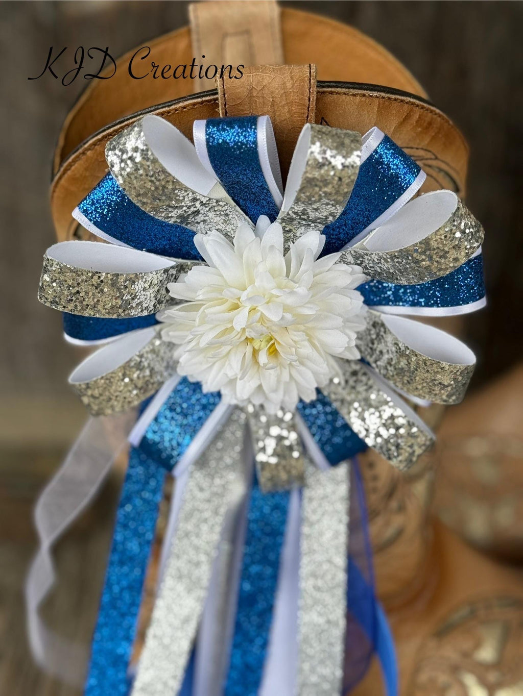 Blue, White & Silver Glitter Homecoming Mini Boot Mum – Removable Clip-On Boot Bow