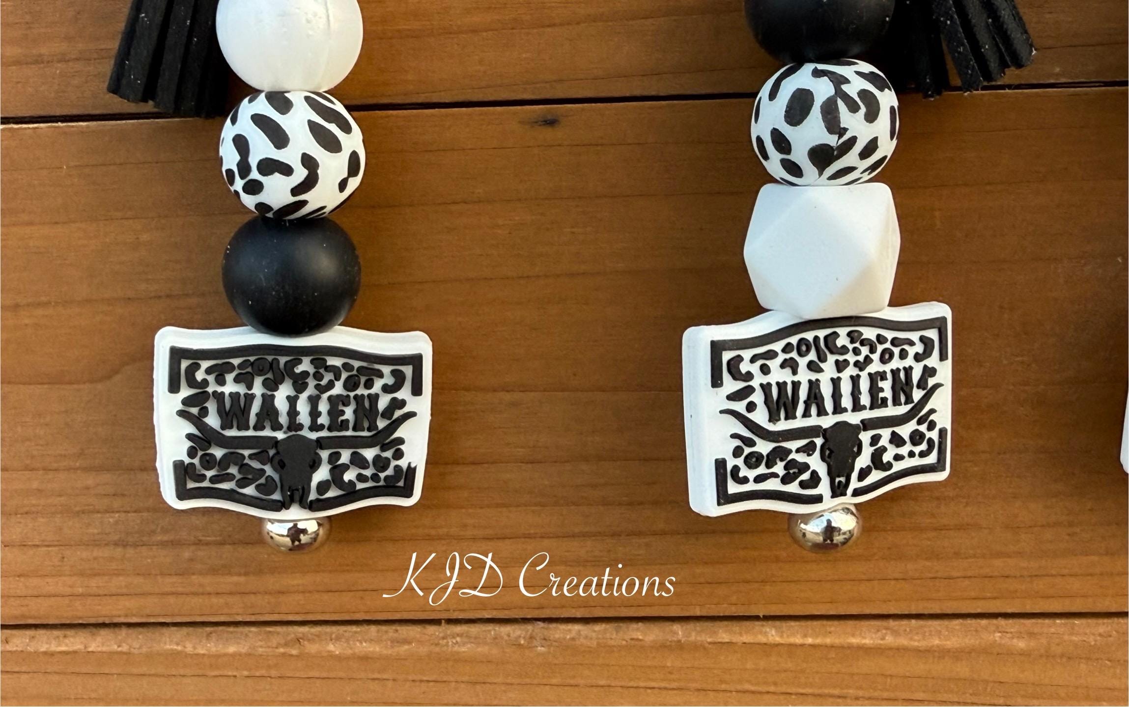Country Music Silicone Beaded Keychain with Leather Tassel - Pink, Turquoise, Brown & White