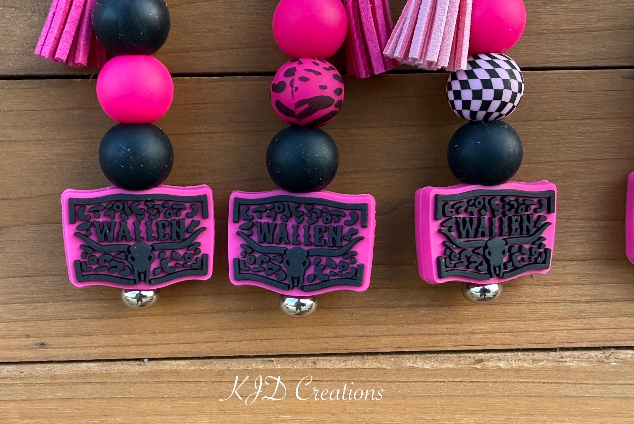 Country Music Silicone Beaded Keychain with Leather Tassel - Pink, Turquoise, Brown & White