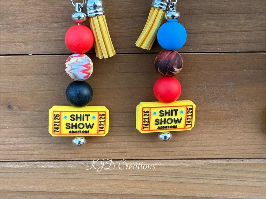 Shit Show Ticket Silicone Beaded Keychain with Leather Tassel