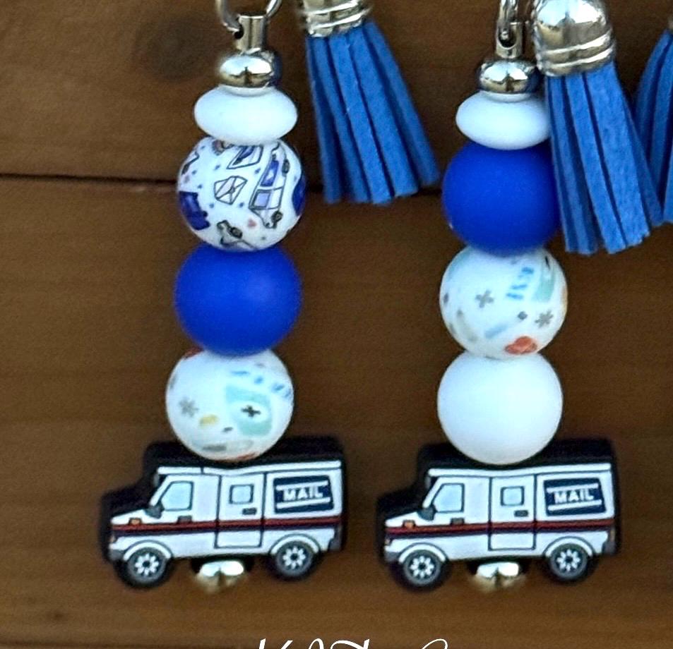 Mail Carrier Mail Truck Silicone Beaded Keychain with Leather Tassel