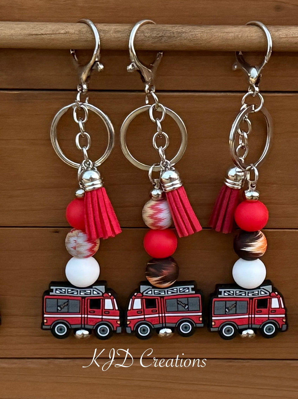 Fire Truck Silicone Beaded Keychain with Leather Tassel