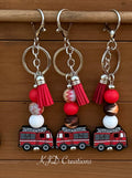 Fire Truck Silicone Beaded Keychain with Leather Tassel