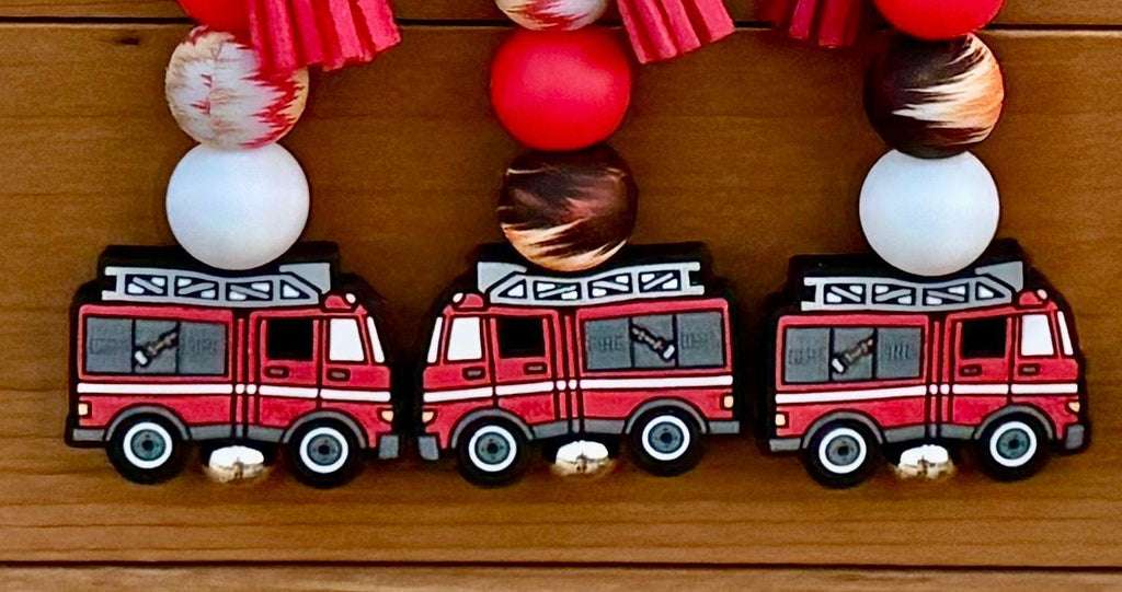 Fire Truck Silicone Beaded Keychain with Leather Tassel